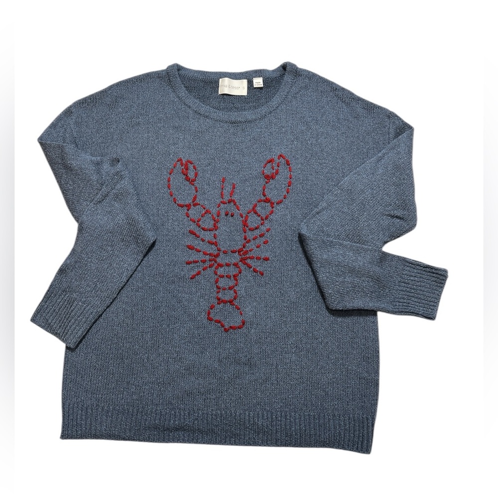 Blue Sweater with Red Lobster Chain Stitch Design